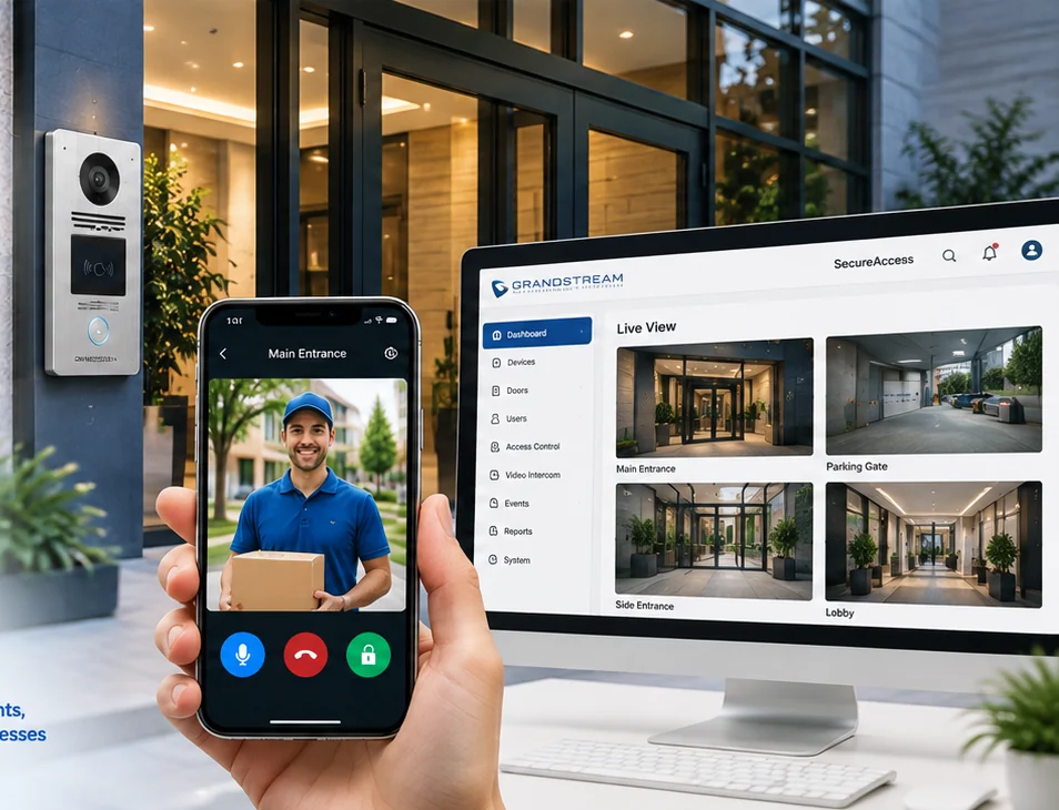 Illustration of video entrance access: building entrance, visitor video call and centralized management screen